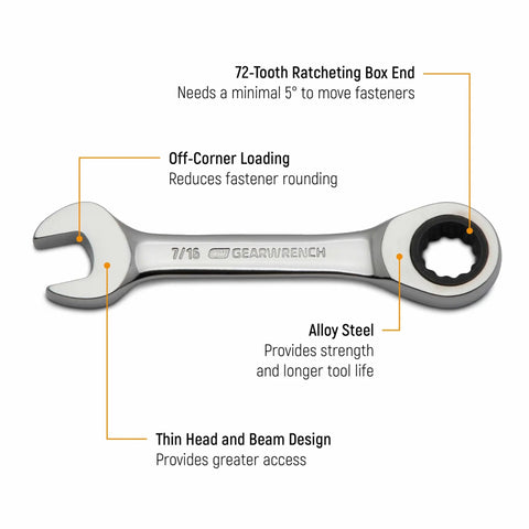 14 Piece 12 Point Stubby Ratcheting Wrench Set With SAE And Metric Sizes, showing 7/16 wrench with thin head in alloy steel.