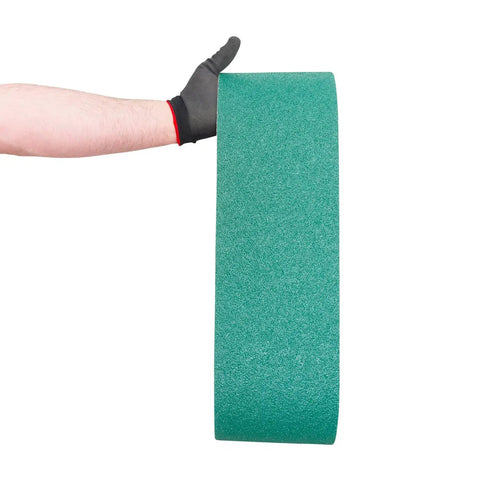 6 X 48 Inch Metal Grinding Zirconia Sanding Belt held by gloved hand, part of Beefy Four Pack with 40 60 80 120 Grits Premium Top Coat