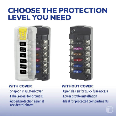 Beefy Six Independent Blade Fuse Block With Insulating Cover For Boats And RVs, with and without cover versions shown