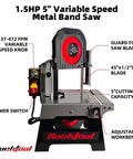 Shop Tough 5 Inch Metal Band Saw Featuring A Rock Solid 1.5 Hp Motor And Smooth Variable Speed Control For Seamless Cuts and Heavy Duty Benchtop Metal Fabrication with power switch and speed knob.