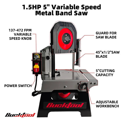Shop Tough 5 Inch Metal Band Saw Featuring A Rock Solid 1.5 Hp Motor And Smooth Variable Speed Control For Seamless Cuts and Heavy Duty Benchtop Metal Fabrication with power switch and speed knob.