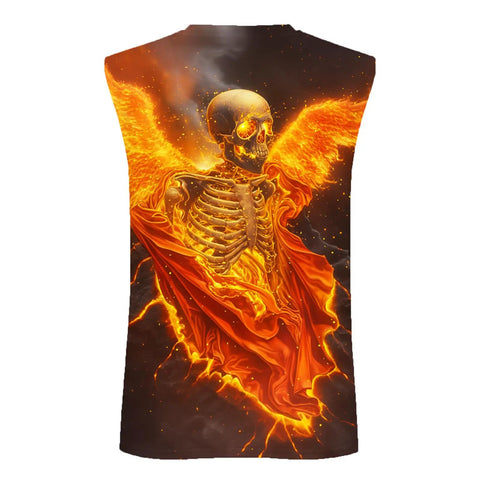 Mens 3D Print Skull Sleeveless Gym Tank Top Quick Dry Lightweight Breathable Stretch Athletic Muscle Tee For Beast Mode Workouts And Fresh Drip Fits with fiery skull design from the back.