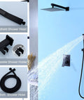 Matte Black Shower Faucet Set With 10 Inch Rainfall Shower Head, Wall Mounted Fixtures With Valve And Trim Kit, Ultra Thin Adjustable Rain Shower Head With Air Injection For Consistent High Pressure Even When The Water Is Low, Super Easy Install showing handheld shower, hose, and holder details
