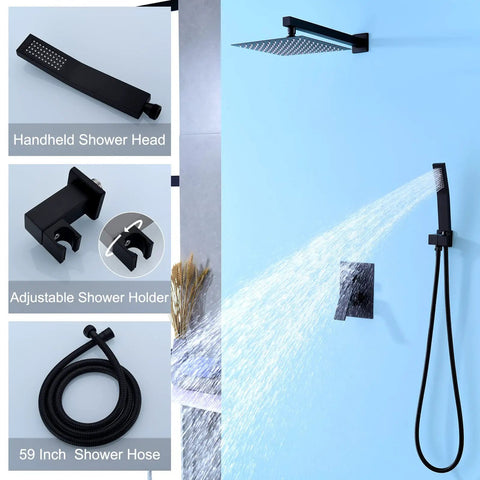 Matte Black Shower Faucet Set With 10 Inch Rainfall Shower Head, Wall Mounted Fixtures With Valve And Trim Kit, Ultra Thin Adjustable Rain Shower Head With Air Injection For Consistent High Pressure Even When The Water Is Low, Super Easy Install showing handheld shower, hose, and holder details