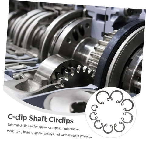 Image of machinery components with a diagram of a 100 Piece External Snap Ring Set For Shafts And Machinery Sturdy Steel Circlips Assortment visible.