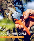 Heavy Duty Anvil Pruner For Gardening Beefy Hedge Trimmer And Pruning Shears Handheld Garden Tool With Long Lasting Carbon Steel Blade And Corrosion Resistant Coating Made In Germany being used to cut a branch.