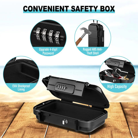 Portable Waterproof Security Lock Box With Combination Lock showing open view, combination lock, and rugged ABS shell on a beach table.