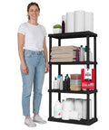Four Tier Plastic Storage Shelves, Space Saving, Tool Free Assembly, Made In USA, Black Finish, Slim 24 Inch Wide, Stands 48 Inches Tall, Garage Ready Organizer For Home, Workshop, Or Home Organization beside woman with stored items