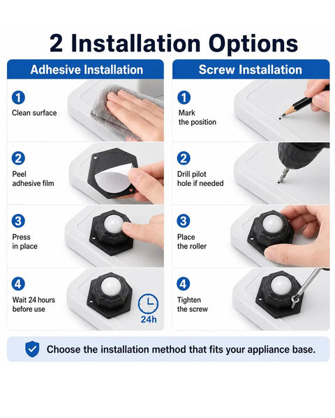 Mini Plate Caster Wheels 4 Pack Self Adhesive Nylon Rollers installation guide for household appliances with adhesive and screw options.