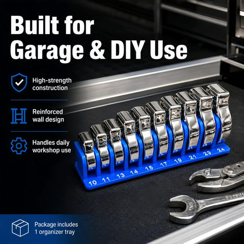Modular Crowfoot Wrench Organizer Tray For 10mm To 22mm Wrenches, Drawer Friendly Tool Tray in blue with wrenches in slots