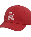 Red Adjustable Printed Sailplane Pilot Baseball Hat For Glider Club Fans And Flight Enthusiasts Built For Thermals Ridge Soaring Tow Launches And Final Glide Focus with 'Eat. Sleep. Soar. Repeat.' text design.