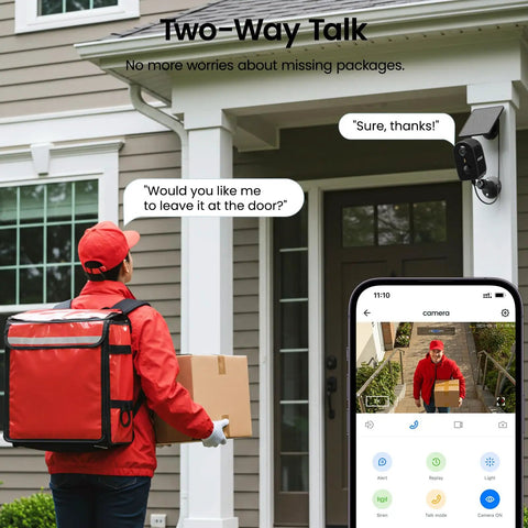 Delivery driver at door using Outdoor Wireless Security Camera Kit With 2.4GHz WiFi Battery Power Solar Panel Color Night Vision AI