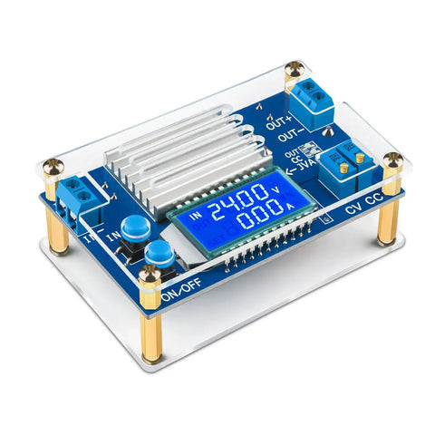 Dope Adjustable DC Buck Converter Power Supply From 5.3V To 32V Down To 1.2V To 32V With LCD display, blue board with transparent case