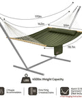 Double Quilted Fabric Hammock With Hardwood Spreader Bars And Pillow 450 Lbs Capacity Two Person Outdoor Patio Hammock