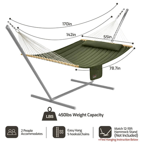 Double Quilted Fabric Hammock With Hardwood Spreader Bars And Pillow 450 Lbs Capacity Two Person Outdoor Patio Hammock