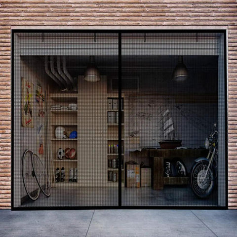 Heavy Duty 8x7 Foot Garage Screen Door With Magnetic Closure, Self Sealing Fiberglass Mesh, Weighted Bottom, Black, closed view
