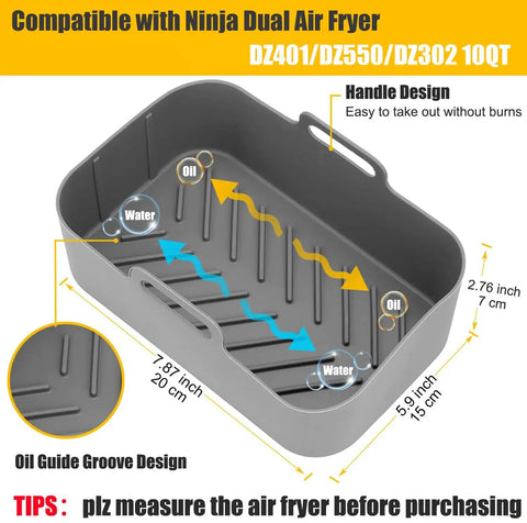 Two Pack Reusable Silicone Air Fryer Liners For DualZone DZ550 DZ550GY DZ401 DZ302 And 9 To 10 Qt Dual Basket Air Fryers with handles.