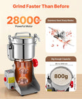 Pro Grade High Speed Electric Grain And Spice Mill Grinder 2100W Stainless Steel Pulverizer showing motor and capacity
