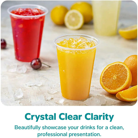 16 Oz Clear Plastic Cups 240 Count Disposable For Parties And Events Party Ready BPA Free Durable Polypropylene Cold Drinking Cups For Everyday Use Great For Home Gatherings Barbecues And Catering showcasing orange beverage with ice.