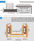 Diagram showing dimensions for full extension drawer slides three-section pair 25 to 50 centimeters, installation instructions included.