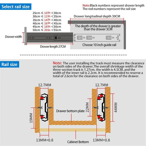 Diagram showing dimensions for full extension drawer slides three-section pair 25 to 50 centimeters, installation instructions included.