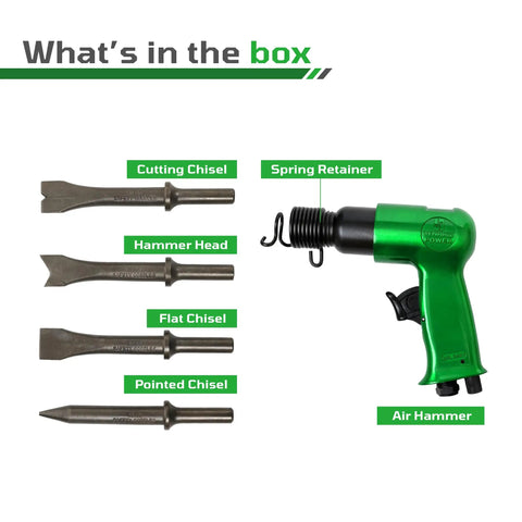 Short Barrel Air Hammer Kit with Four Chisels, One And Five Eighths Inch Stroke, 4500 BPM, 4 CFM at 90 PSI, kit contents shown.