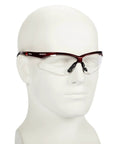 Nemesis Safety Glasses with Red Inferno Frame and Clear Anti-Fog Lenses on mannequin head, lightweight sporty eyewear for work.