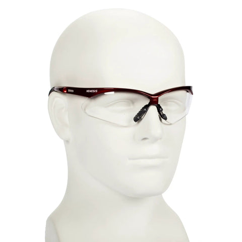 Nemesis Safety Glasses with Red Inferno Frame and Clear Anti-Fog Lenses on mannequin head, lightweight sporty eyewear for work.