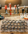 Beefy 304 Stainless Steel Hose Ear Clamp Set 58 pieces displayed with tools on workbench, fits 15mm to 17.5mm hoses.