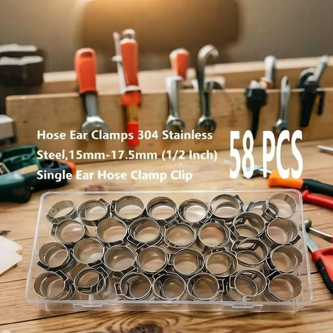 Beefy 304 Stainless Steel Hose Ear Clamp Set 58 pieces displayed with tools on workbench, fits 15mm to 17.5mm hoses.