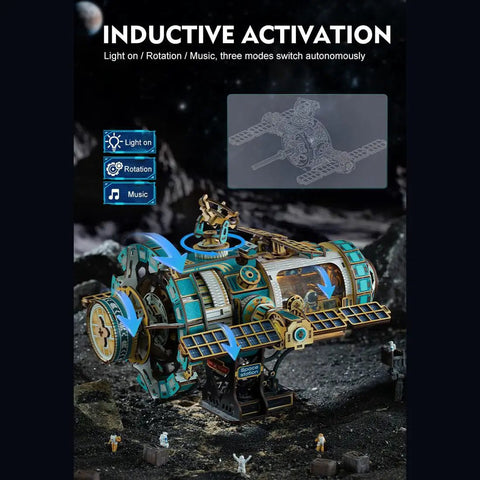 Interstellar Space Station 3D Wooden Puzzle Kit With Lights And Music, 511-piece rotating model on rocky base