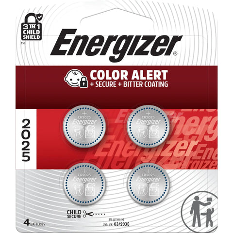 Solid 2025 Lithium Coin Batteries 4 Pack with child proof shield and bitter coating in packaging, designed for safety and reliability.