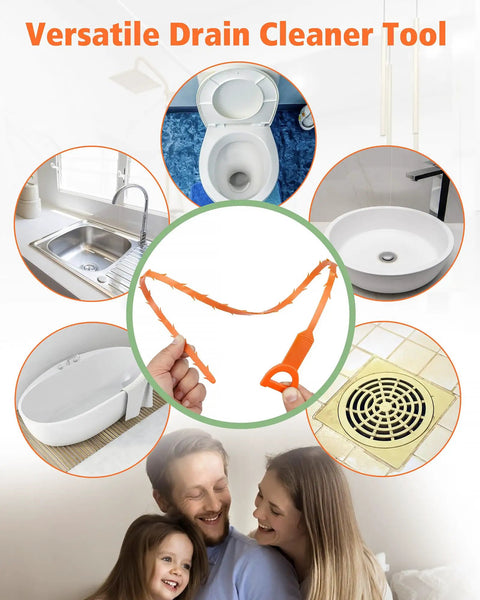 Heavy-Duty 25-Inch Drain Clog Remover Kit For Hair Buildup, Plumbing Snake With Easy Grip Handle, Shower Drain Cleaner And Hair Catcher For Most Drains, Fast Unclogging, No-Fuss Poly Construction, 6 Pack, shown for sink, toilet, tub, and floor drain use