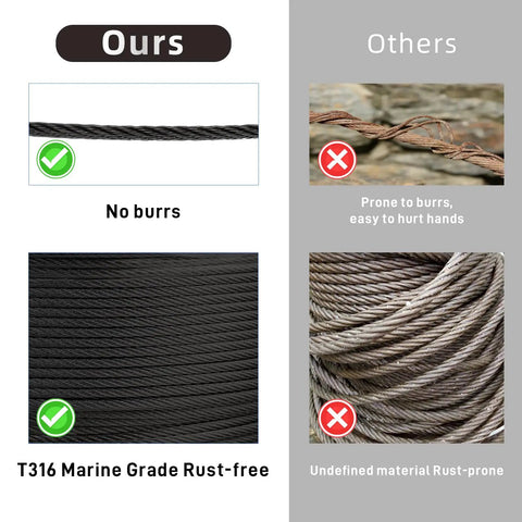 Beefy Black Stainless Steel Cable With Cutter 500 Feet One Eighth Inch T316 Wire Rope 1850 Lb Breaking Strength 7x7 Aircraft Cable For Clothesline Trellis Stair Fence Deck Railing Kit
