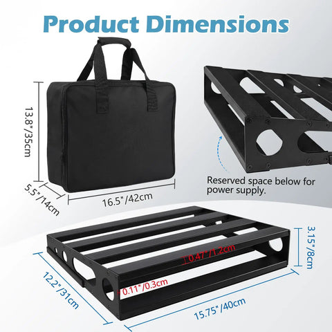 Heavy Duty Guitar Pedal Board With Power Supply Tray For Road Gig, 15.7 By 12.2 By 3.1 Inches, Metal Black, with carrying bag