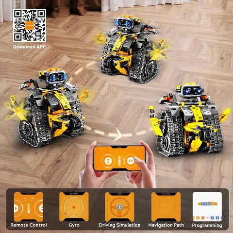 Epic 5 In 1 Robot Building Kit For Kids With 520 Pieces, App Controlled And Remote in action with phone control view.