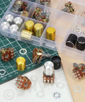 Sixteen Sets Of Eight Type B Potentiometers Featuring 1K 5K 10K 50K 100K 250K 500K And 1M Ohm Six Pin Split Shaft Rotary Linear Dual Taper Aluminum Alloy Knob Variants Plus Washers And Nuts Kit displayed.