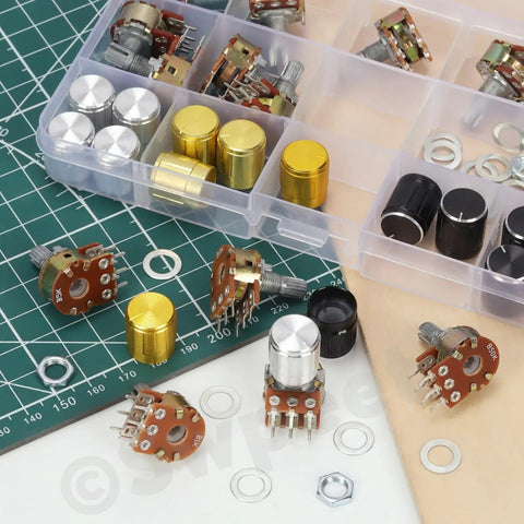 Sixteen Sets Of Eight Type B Potentiometers Featuring 1K 5K 10K 50K 100K 250K 500K And 1M Ohm Six Pin Split Shaft Rotary Linear Dual Taper Aluminum Alloy Knob Variants Plus Washers And Nuts Kit displayed.