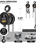 Manual Chain Block Hoist 1 Ton Capacity With 2 Heavy Duty Hooks Steel Hand Lift 8 Ft Lift Black Oxide Chains shown with car engine