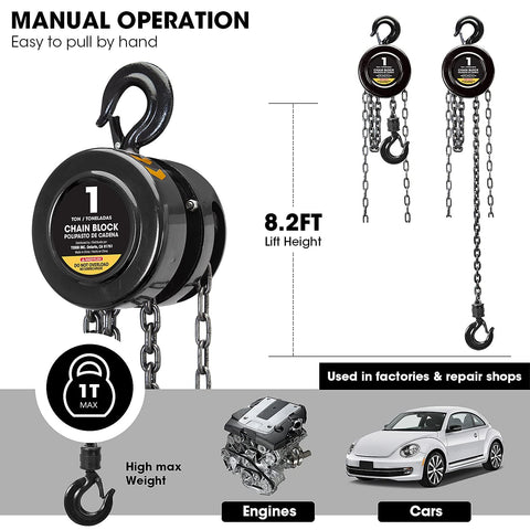 Manual Chain Block Hoist 1 Ton Capacity With 2 Heavy Duty Hooks Steel Hand Lift 8 Ft Lift Black Oxide Chains shown with car engine