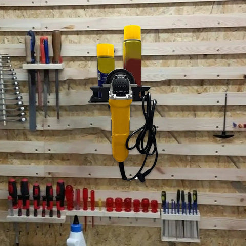 Iron Build Spray Bottle Rack Wall Mount Organizer for Garage with auto detailing supplies and tools visible. Heavy duty setup.