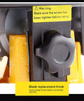 Blade replacement knob on compact desktop table saw for easy blade changes during wood or metal projects.