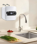 No-Fuss Compact Under Sink Electric Water Heater 2.1 Gallon Tank 110V 1500W installed under kitchen sink with modern faucet.