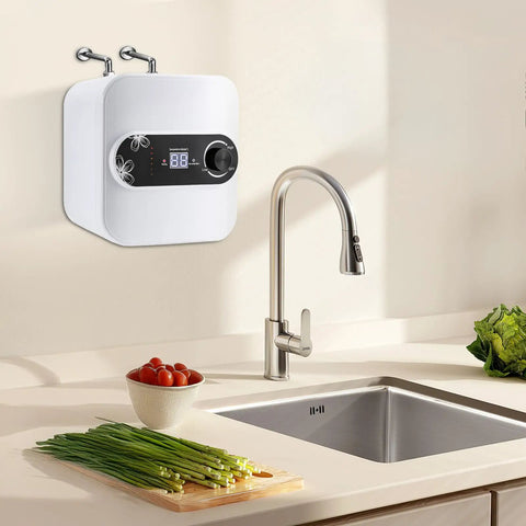 No-Fuss Compact Under Sink Electric Water Heater 2.1 Gallon Tank 110V 1500W installed under kitchen sink with modern faucet.
