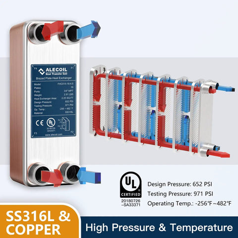 Water To Water Brazed Plate Heat Exchanger 16 Plate 316L Stainless Steel Built Tough With Three Quarter Inch MPT Ports 3 By 8 Inch