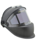 Panoramic 180 View Auto Darkening Welding Helmet With True Color Matte Carbon Fiber Finish, showing big viewing area and arc sensors.