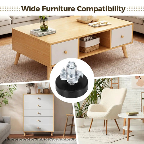 Heavy Duty 50 Piece Furniture Leveling Feet Set With Quarter Inch Twenty Thread T Nuts And Felt Pads Adjustable Height From Three Eighths To One Inch Ideal For Tables Cabinets And Stools On Uneven Floors displayed with furniture.