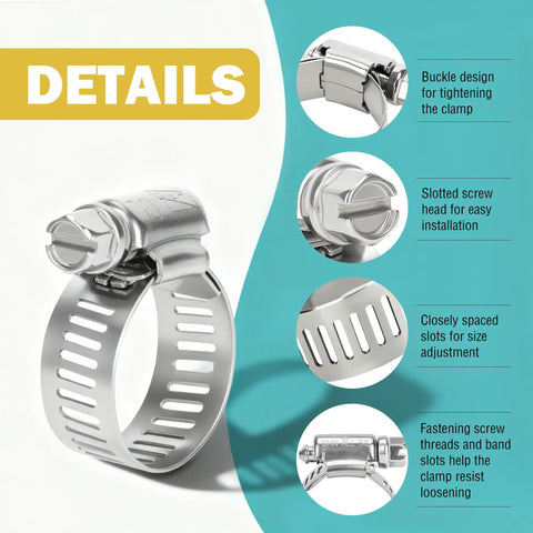 Close-up of 90 Pack 6 Sizes Stainless Steel Hose Clamps Kit 304 Grade Heavy Duty Worm Gear Clamps For 1/4 To 1-1/4 Inch details
