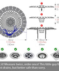Diagram of Two Pack Stainless Steel Drain Hair Catcher for Bathtub and Shower showing dimensions and installation tips.