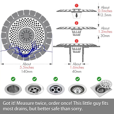 Diagram of Two Pack Stainless Steel Drain Hair Catcher for Bathtub and Shower showing dimensions and installation tips.